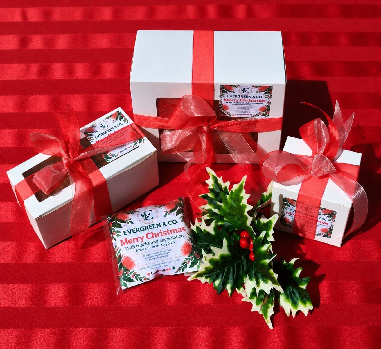 Christmas gift boxes in three sizes and a pack of 2 with red ribbon, on red cloth with holly